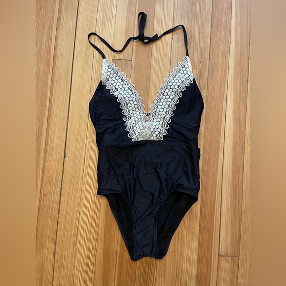One-piece swimsuit, low cut lace front - Picture 1 of 1